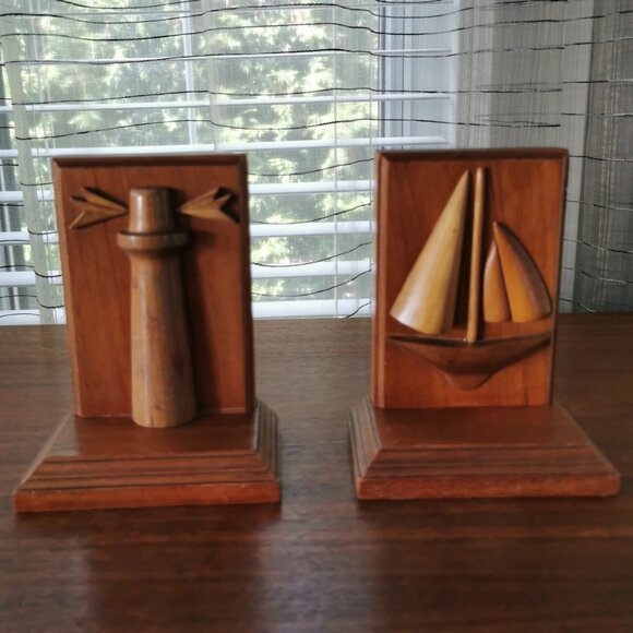 Hand Carved Wooden Nautical Bookends, VTG Wood Intarsia Sailboat and Lighthouse - Picture 2 of 12